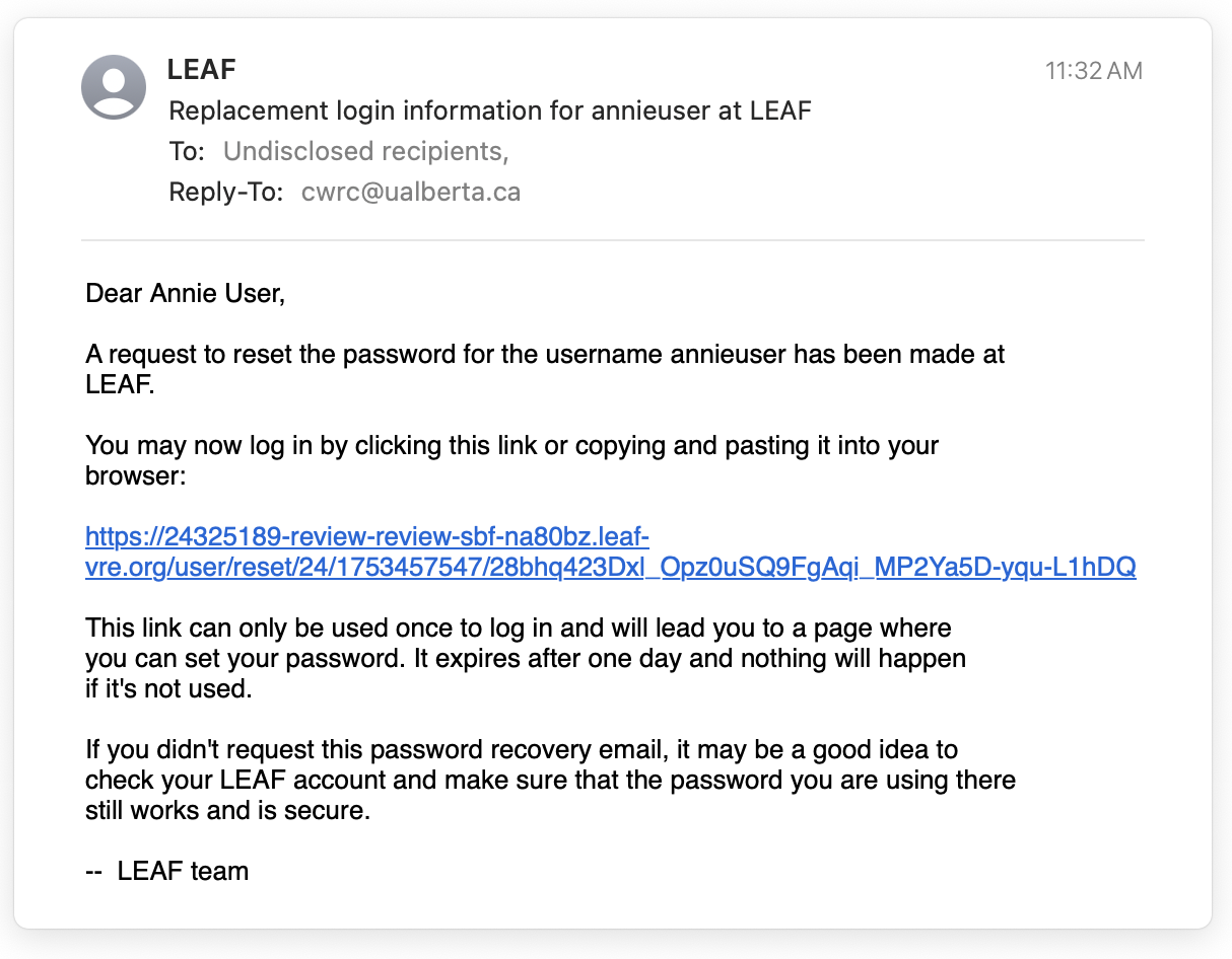 Snapshot of LEAF-VRE's reset password email to a user in English taken on July 23, 2025